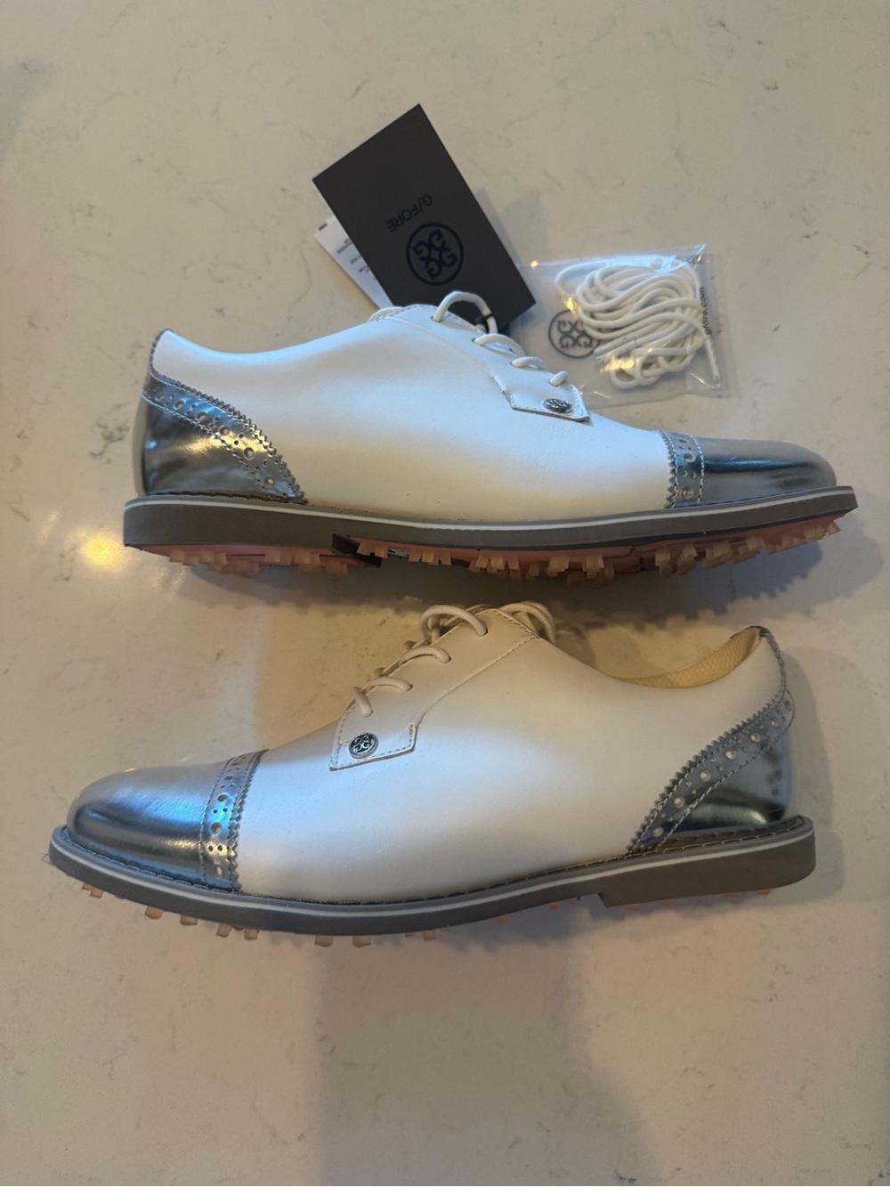 G4 White Leather Oxford Gold Shoes with Silver Cap Toe